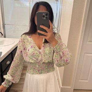 Floral V-Neck Smocked Blouse - Green and Pink